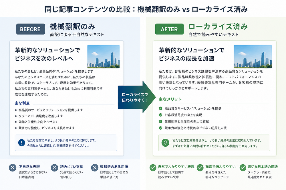 同じ記事コンテンツを左右で比較するイメージ図。左側は「機械翻訳のみ」で不自然な直訳テキストのイメージ、右側は「ローカライズ済み」で自然で読みやすいテキストのイメージ、比較を示す矢印やビフォーアフターのラベル付き