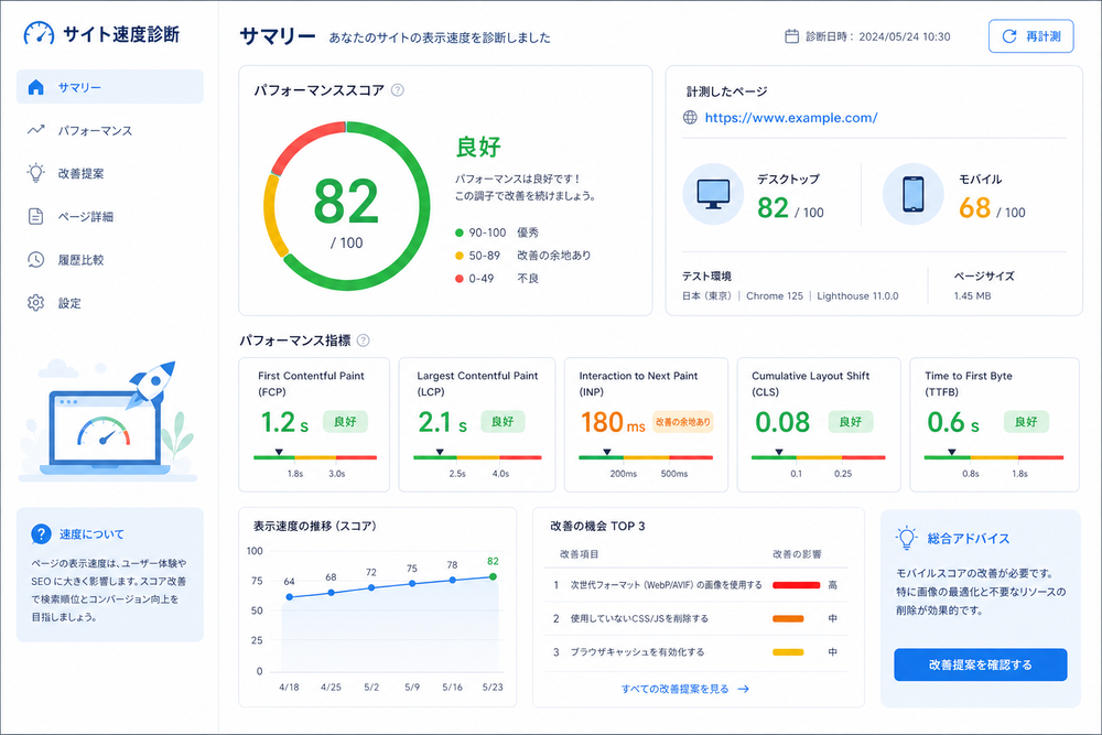 Webサイトの表示速度診断結果を示すダッシュボード画面のイメージイラスト。スコアメーター(0〜100の円形ゲージ、緑・黄・赤の3色評価)とパフォーマンス指標のグラフを組み合わせたフラットデザインの図解。SEO・Web解説記事向けの清潔感ある