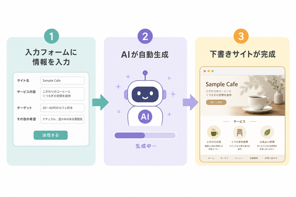 AIホームページ作成の流れを示すシンプルなフロー図。左から「入力フォームに情報を入力」→「AIが自動生成」→「下書きサイトが完成」の3ステップを矢印でつないだ図解、フラットデザイン、パステルカラー