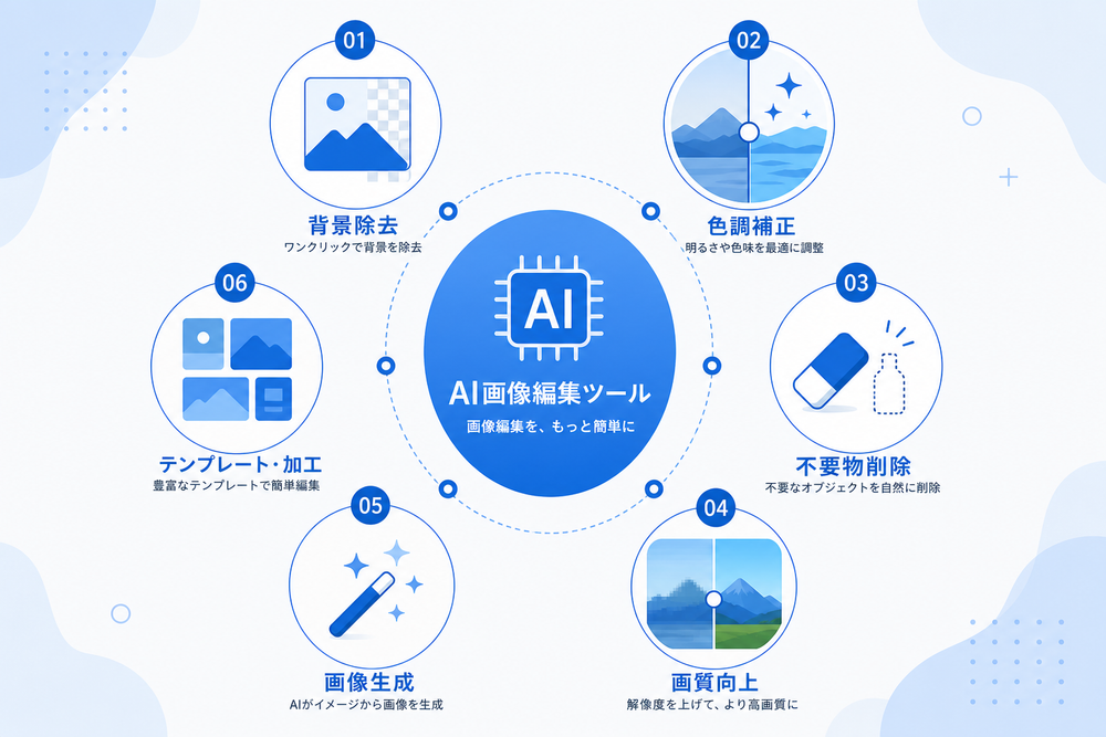 AI画像編集ツールの主要機能(背景除去、色調補正、不要物削除、画質向上、画像生成など)を6つ程度のアイコンで囲んだシンプルなインフォグラフィック図解、フラットデザイン、青系配色