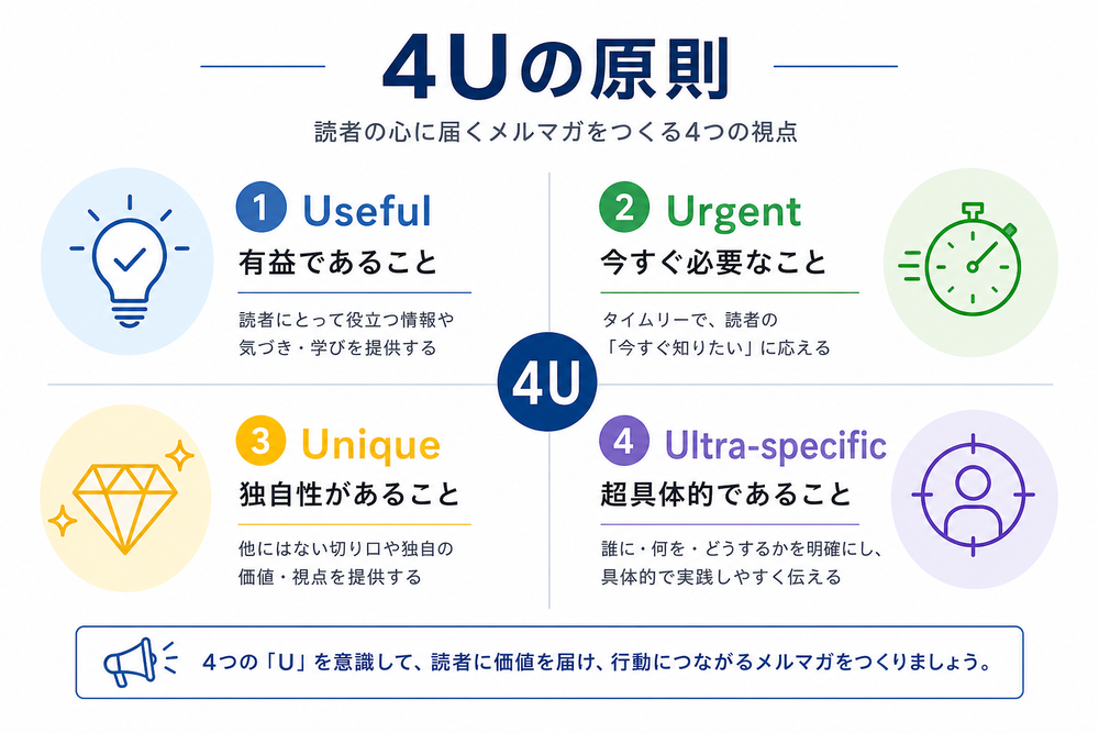 メルマガタイトルの「4Uの原則」（Useful・Urgent・Unique・Ultra-specific）を4つの象限やアイコンで整理したシンプルなインフォグラフィック。日本語のラベル付き、白背景、ビジネス資料風のフラットデザイン