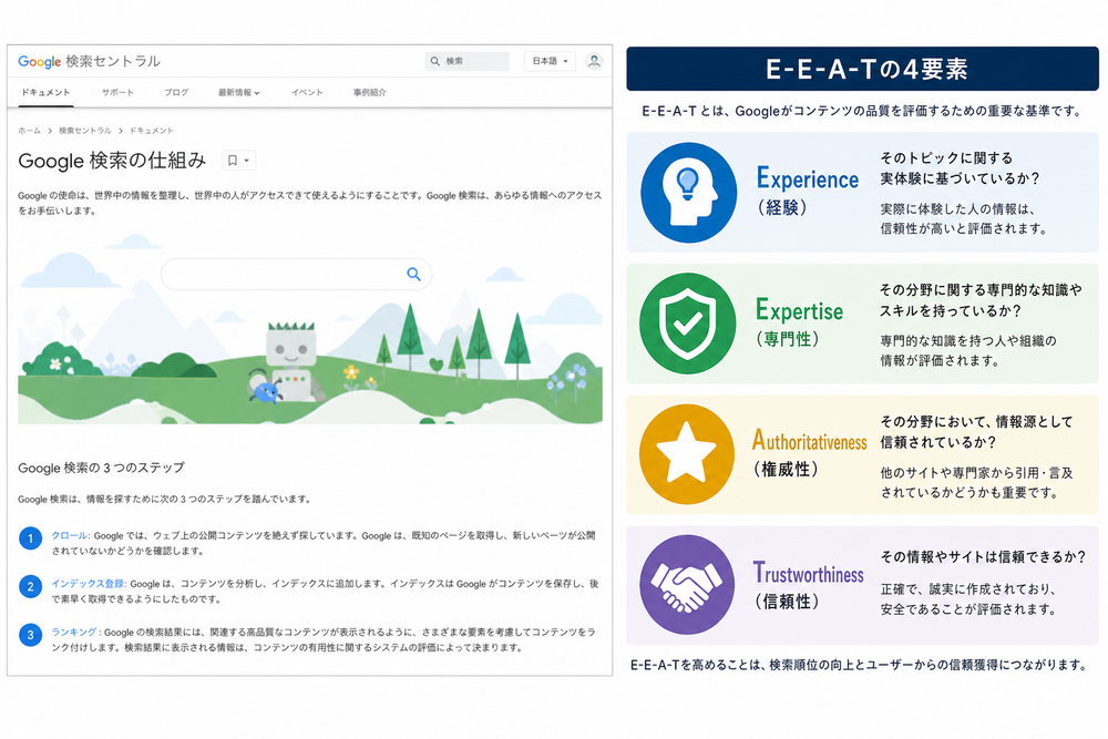 (写真:Google検索セントラルの公式ページのスクリーンショット、またはE-E-A-Tの4要素を図解した画像を入れる)