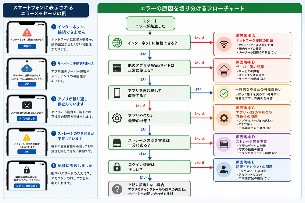 スマートフォン画面に表示されたエラーメッセージの例と、その原因を切り分けるフローチャートを組み合わせた図解。スタートから複数の原因候補に分岐する構成、日本語ラベル入り、フラットデザイン