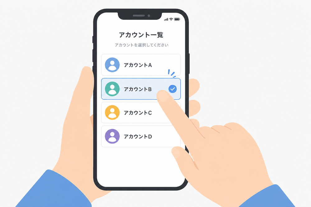スマートフォン画面にアカウント一覧が表示され、複数のアカウントアイコンから1つを選択している操作イメージのイラスト。指でタップしている様子を含むシンプルなフラットデザイン