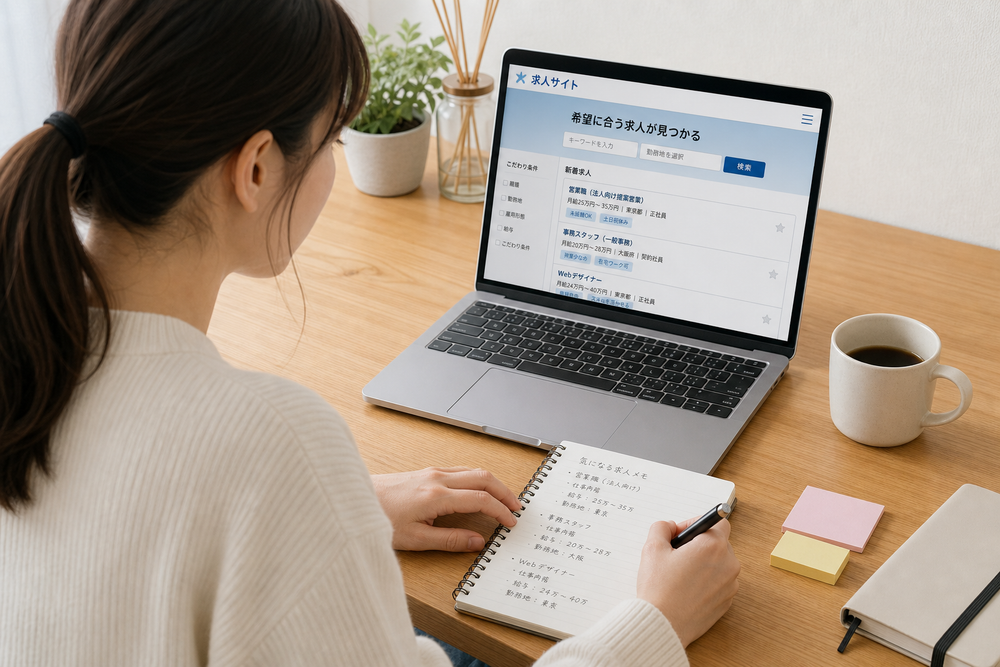 (写真:パソコンで求人サイトを見ながらメモを取っている人物のイメージ画像を入れる)