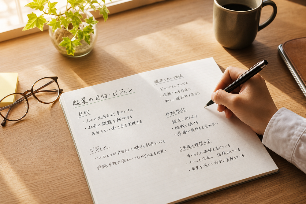 机の上のノートに起業の目的やビジョンを手書きで書き出している手元のシーン。ペンを持つ手、温かみのある自然光、やる気を感じさせる雰囲気の写真風イメージ