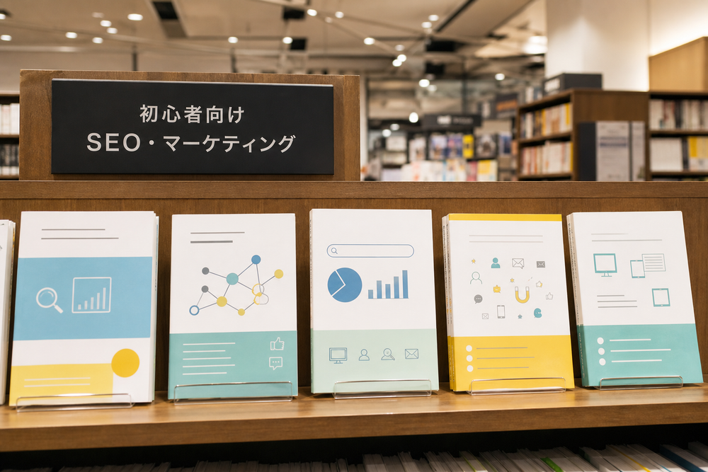 書店の店内で、初心者向けSEO・マーケティング書籍コーナーに数冊の本が並んでいる様子を写した写真風イメージ画像。特定の出版社ロゴやタイトル文字は入れない