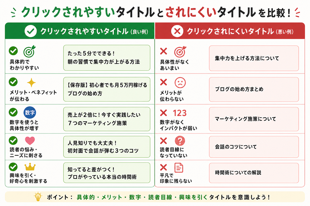 クリックされやすいタイトルとされにくいタイトルをチェックリスト形式で比較したイラスト図。チェックマークと×印を使い、良い例と悪い例が並んだ日本語のシンプルなデザイン