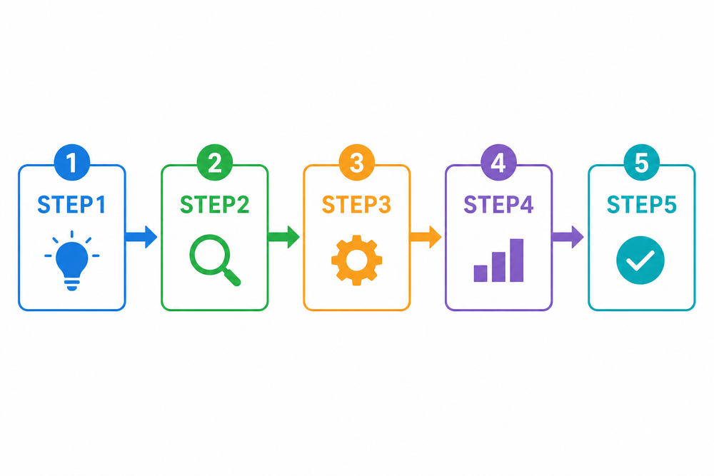 STEP1からSTEP5までの流れを矢印でつないだ横長のワークフロー図。各ステップが番号付きの四角いボックスで表現された、シンプルで分かりやすいフラットデザイン