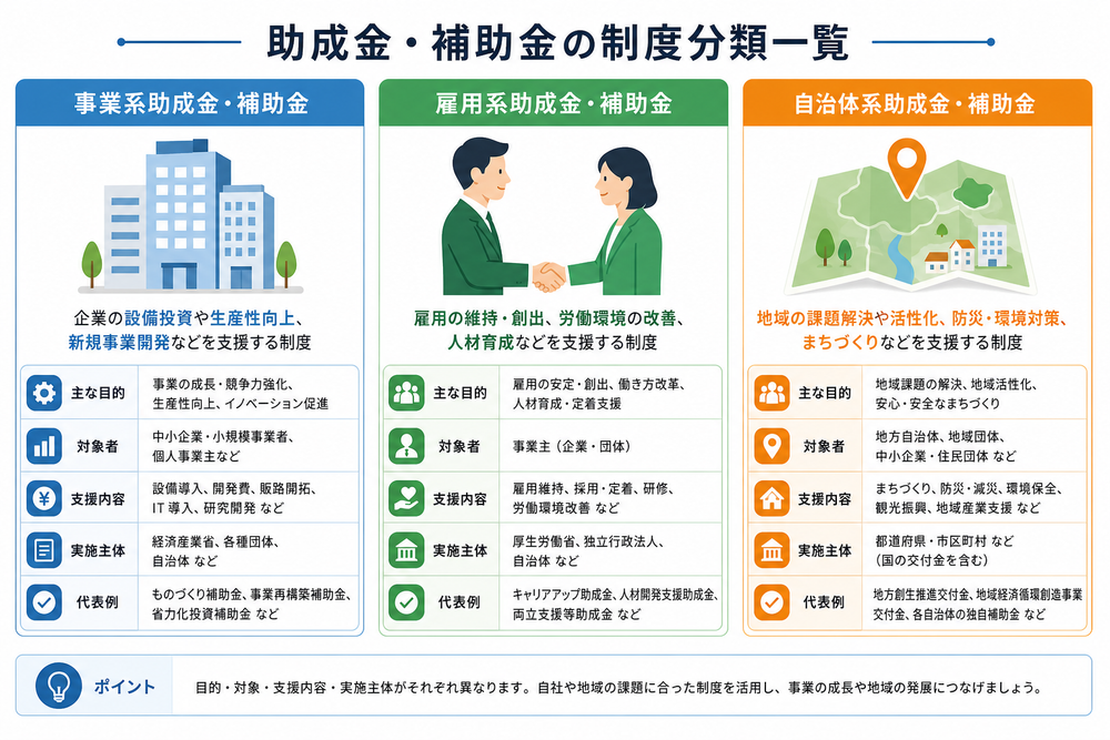 事業系・雇用系・自治体系という3種類の助成金・補助金の制度分類を示す一覧図。3つのカテゴリーをアイコン(オフィスビル、握手する人々、地図・地域)で区別し、フラットなビジネス系インフォグラフィックのデザインで、色分けされたシンプルな図表として