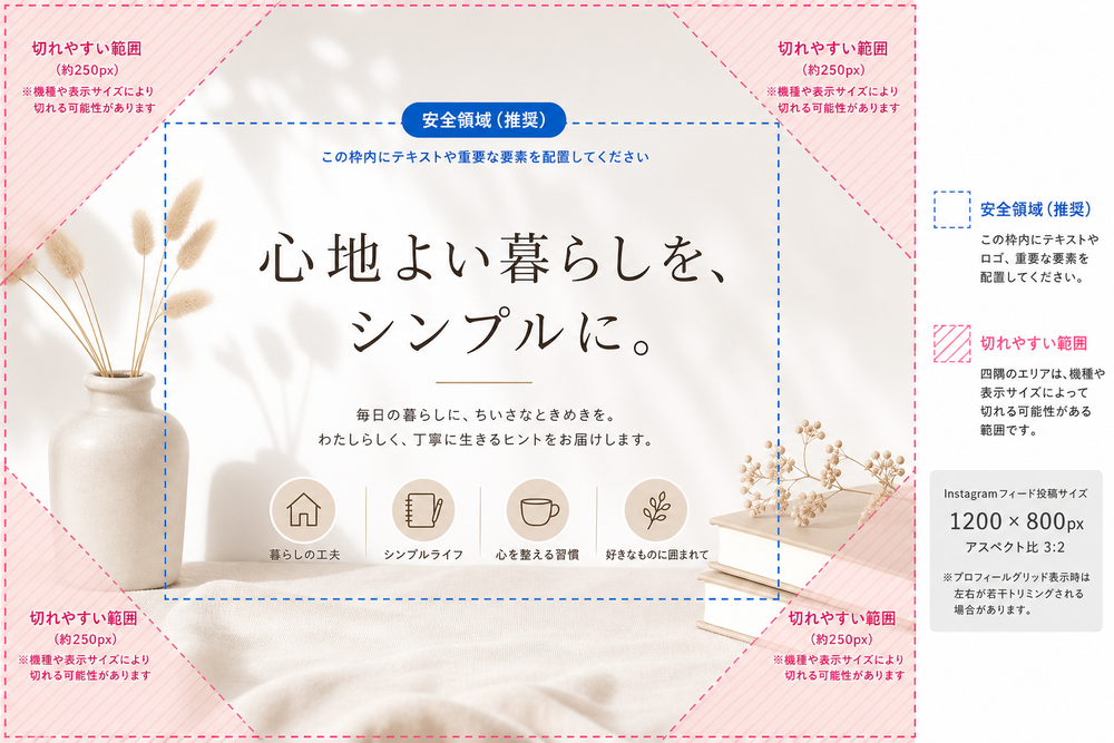 Instagram投稿用画像テンプレートに、テキストや重要要素を配置すべき安全領域を示す点線のガイド枠を重ねたサンプル画像。中央に安全領域の枠線、四隅に切れやすい範囲を示す網掛けを表示したデザインテンプレート風の図。