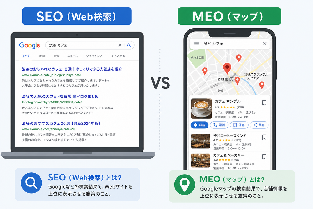 パソコンの検索結果一覧の画面と、スマートフォンの地図・店舗ピン表示の画面を左右に並べた比較イメージ。左に「SEO(Web検索)」右に「MEO(マップ)」のラベル付き、シンプルで分かりやすいフラットイラスト
