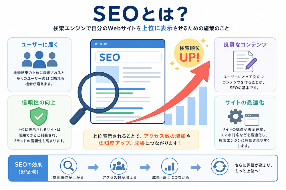 「SEOとは?」をテーマにした図解イラスト。中央に虫眼鏡とWebページ、検索順位の上昇を示す矢印を配置したシンプルで分かりやすいデザイン