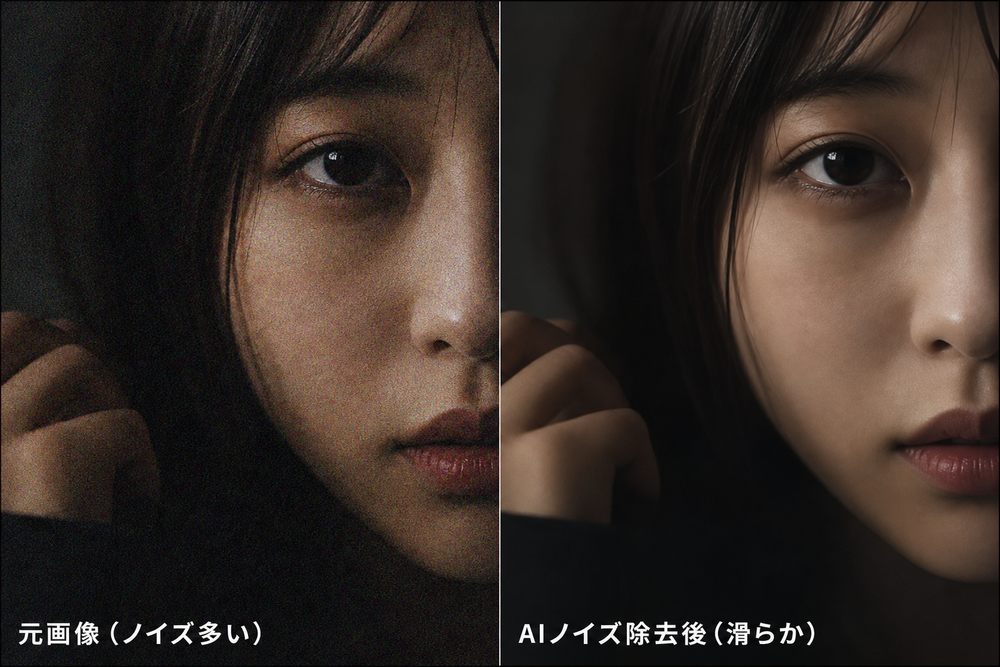 左右比較画像。左側にノイズ(粒子感)が多い暗い写真、右側にAIでノイズ除去して滑らかになった同じ写真。写真の粗さの違いが分かりやすいクローズアップ