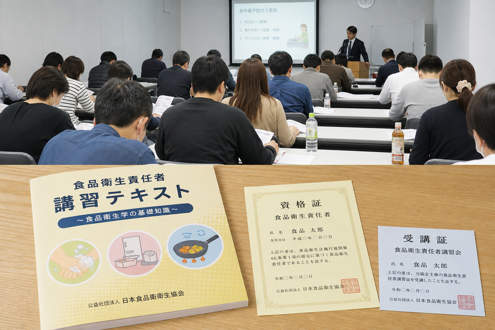 食品衛生責任者講習会の教室で受講生がテキストを見ながら講義を聞いている風景、または講習テキストと資格証・受講証が机の上に並んでいるイメージ写真風イラスト