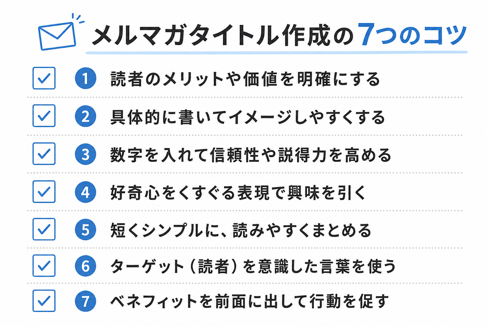 メルマガタイトル作成の7つのコツを箇条書きにしたチェックリスト風の画像。チェックボックスのアイコン付き、日本語テキスト、シンプルで見やすいフラットデザイン、白背景