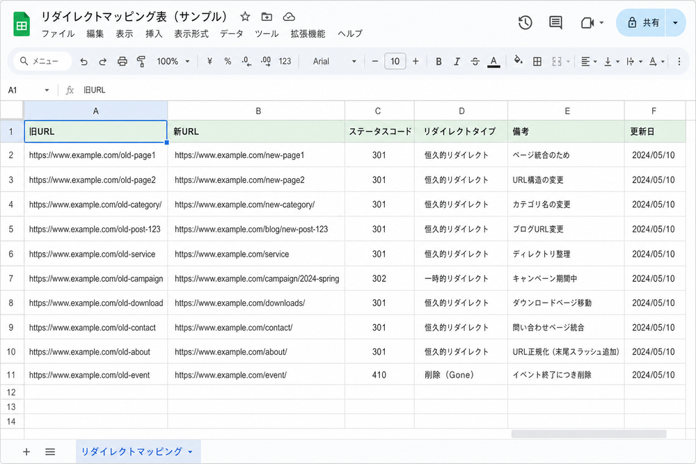 リダイレクトマッピング表のサンプルを示すスプレッドシート画面のイメージイラスト。列に旧URL・新URL・ステータスコードなどの見出しが並ぶ表形式のスクリーンショット風イラスト、フラットデザイン